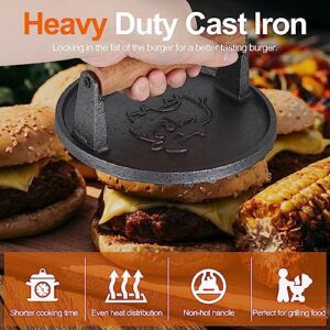 Finderomend Hamburger Press,Cast Iron Grill Press,Heavy Duty Smash Meat,Bacon,Steak & Burger Press with Wooden Handle for Blackstone Pitboss Weber Treager Griddle (Calf-Round 1)