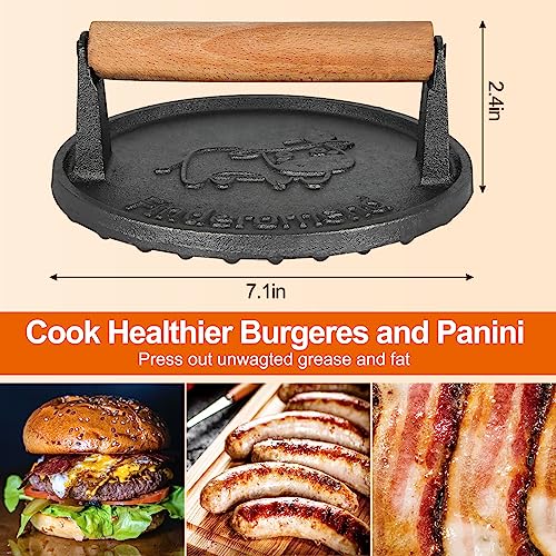 Finderomend Hamburger Press,Cast Iron Grill Press,Heavy Duty Smash Meat,Bacon,Steak & Burger Press with Wooden Handle for Blackstone Pitboss Weber Treager Griddle (Calf-Round 1)