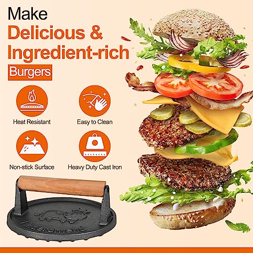 Finderomend Hamburger Press,Cast Iron Grill Press,Heavy Duty Smash Meat,Bacon,Steak & Burger Press with Wooden Handle for Blackstone Pitboss Weber Treager Griddle (Calf-Round 1)