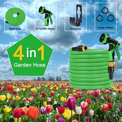 Expandable Garden Hose 100FT, All New Water Hose with 10 Function Sprayer Nozzle, 3/4" Solid Brass Connector, Outdoor Lightweight Flexible Hose for Garden watering, Car washing, Pet Cleaning, Green