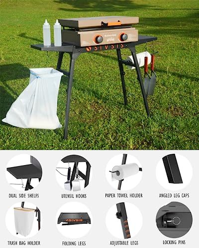 Griddle Stand for Blackstone 17''/22'' Griddle, Portable Blackstone Stand with Sideshelfs, Tool Hooks, Paper Towel Holder and Garbage Bag Holder, Foldable Grill Stand for Ourdoor Tailgating or Camping