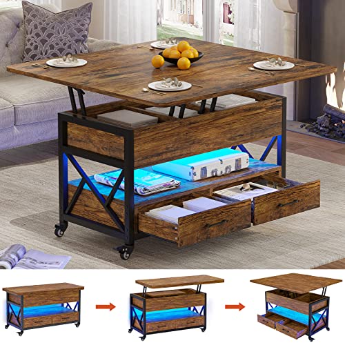 Itaar 40" Lift Top Coffee Table, 4 in 1 Coffee Tables with Storage for Living Room, Small Farmhouse Coffee Table with 2 Drawers & LED Light for Dining Reception Room, Rustic Brown