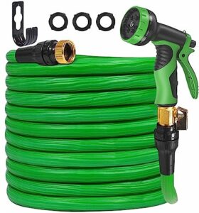 expandable garden hose 100 ft water hose with 3 layer latex core, 3/4" solid brass fittings, 10 function spray nozzle, flexible garden hose for watering and cleaning, green