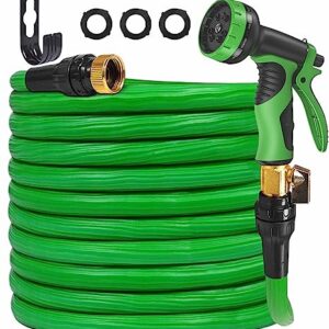 Expandable Garden Hose 100 ft Water Hose with 3 Layer Latex Core, 3/4" Solid Brass Fittings, 10 Function Spray Nozzle, flexible garden hose for Watering and Cleaning, Green