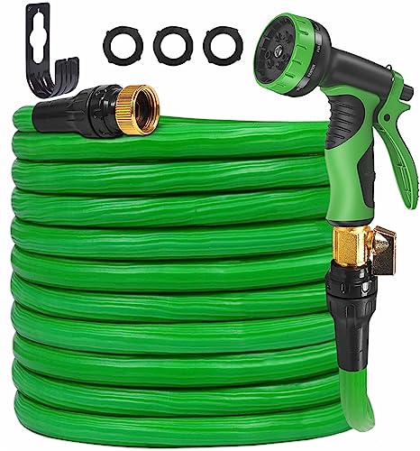 Expandable Garden Hose 100 ft Water Hose with 3 Layer Latex Core, 3/4" Solid Brass Fittings, 10 Function Spray Nozzle, flexible garden hose for Watering and Cleaning, Green