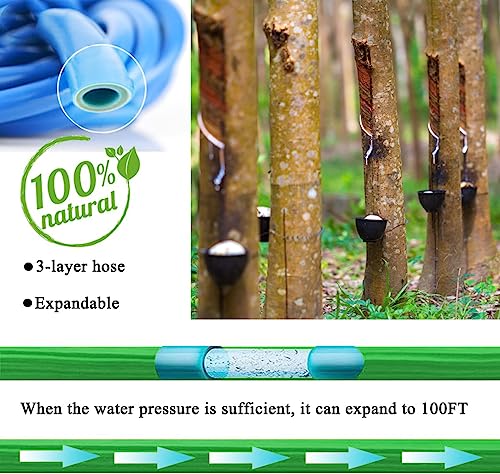 Expandable Garden Hose 100 ft Water Hose with 3 Layer Latex Core, 3/4" Solid Brass Fittings, 10 Function Spray Nozzle, flexible garden hose for Watering and Cleaning, Green