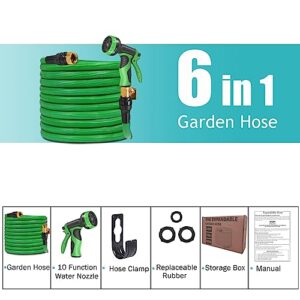 Expandable Garden Hose 100 ft Water Hose with 3 Layer Latex Core, 3/4" Solid Brass Fittings, 10 Function Spray Nozzle, flexible garden hose for Watering and Cleaning, Green