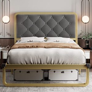 feonase twin metal bed frame, heavy duty platform bed frame with steel slats, velvet upholstered headboard, 12" storage space, no box spring required, noise free, easy assembly, golden and gray