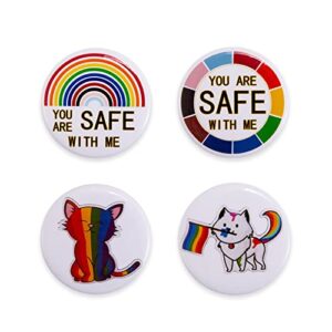 4 pcs rainbow pinback buttons pride pins round lgbt buttons gay lesbian rainbow lapel pins bisexual & rainbow pride pin you are safe with me tinplate brooch pins lgbtq decoration for clothes and bags