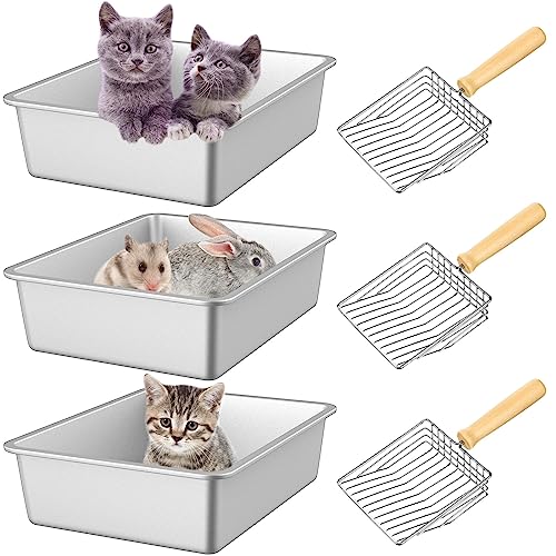 Zhehao 3 Pcs Stainless Steel Cat Litter Box with 3 Pcs Wood Handle Cat Litter Scoop, 15.8 x 11.8 x 3.9 Inch Metal Litter Box Rustproof Non Stick Cat Pan with Deep Cat Scooper for Bunny Kitten Kitty