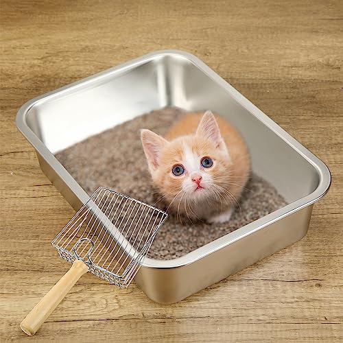 Zhehao 3 Pcs Stainless Steel Cat Litter Box with 3 Pcs Wood Handle Cat Litter Scoop, 15.8 x 11.8 x 3.9 Inch Metal Litter Box Rustproof Non Stick Cat Pan with Deep Cat Scooper for Bunny Kitten Kitty