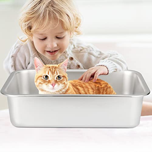 Zhehao 3 Pcs Stainless Steel Cat Litter Box with 3 Pcs Wood Handle Cat Litter Scoop, 15.8 x 11.8 x 3.9 Inch Metal Litter Box Rustproof Non Stick Cat Pan with Deep Cat Scooper for Bunny Kitten Kitty