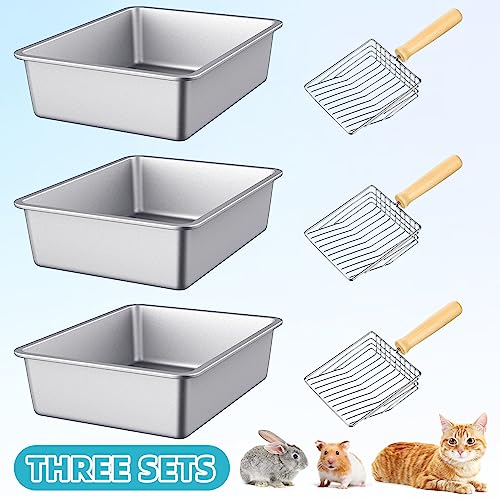 Zhehao 3 Pcs Stainless Steel Cat Litter Box with 3 Pcs Wood Handle Cat Litter Scoop, 15.8 x 11.8 x 3.9 Inch Metal Litter Box Rustproof Non Stick Cat Pan with Deep Cat Scooper for Bunny Kitten Kitty