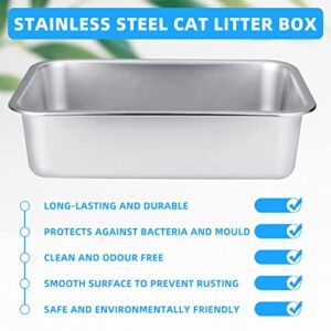 Zhehao 3 Pcs Stainless Steel Cat Litter Box with 3 Pcs Wood Handle Cat Litter Scoop, 15.8 x 11.8 x 3.9 Inch Metal Litter Box Rustproof Non Stick Cat Pan with Deep Cat Scooper for Bunny Kitten Kitty