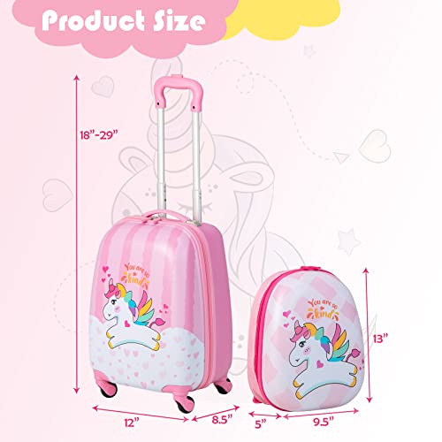 BABY JOY 2 Pcs Kids Luggage Set, 16" Toddlers Carry-on Suitcase & 12" Backpack Set, Children Travelling Case w/ 4 Casters, Retractable Handle, Lightweight Trolley Case for Boys Girls (Lovely Unicorn)