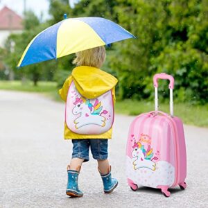 BABY JOY 2 Pcs Kids Luggage Set, 16" Toddlers Carry-on Suitcase & 12" Backpack Set, Children Travelling Case w/ 4 Casters, Retractable Handle, Lightweight Trolley Case for Boys Girls (Lovely Unicorn)