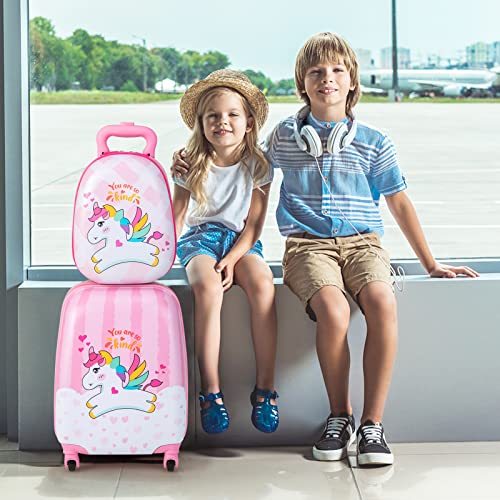 BABY JOY 2 Pcs Kids Luggage Set, 16" Toddlers Carry-on Suitcase & 12" Backpack Set, Children Travelling Case w/ 4 Casters, Retractable Handle, Lightweight Trolley Case for Boys Girls (Lovely Unicorn)