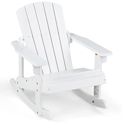 Giantex Wooden Adirondack Rocking Chair - Kids Outdoor Adirondack Rocker with Slatted seat, Smooth Rocking Feet, 300LBS Weight Capacity, Porch Rocking Chair for Balcony, Backyard, Poolside (1, White)