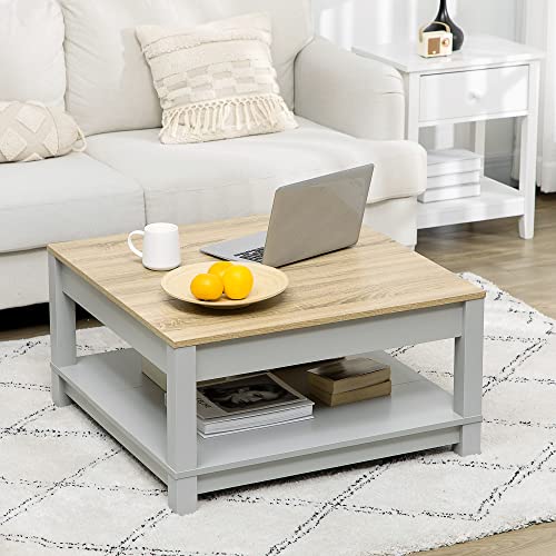 HOMCOM Coffee Table, 2 Tier Center Table with Storage Shelf and Wood Textured Top, Square Living Room Table, Light Gray