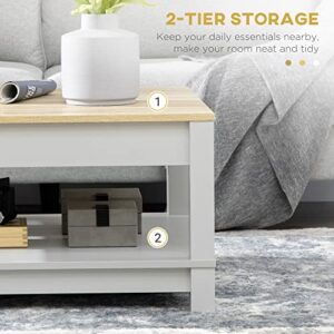 HOMCOM Coffee Table, 2 Tier Center Table with Storage Shelf and Wood Textured Top, Square Living Room Table, Light Gray