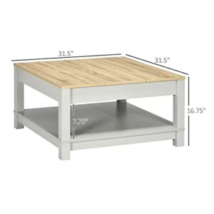HOMCOM Coffee Table, 2 Tier Center Table with Storage Shelf and Wood Textured Top, Square Living Room Table, Light Gray