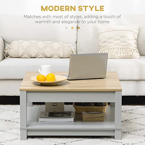 HOMCOM Coffee Table, 2 Tier Center Table with Storage Shelf and Wood Textured Top, Square Living Room Table, Light Gray