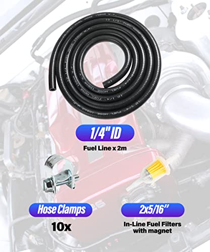 ESEWALAS 1/4" 5/16" Inch ID Fuel Line Kits,include 6Ft Fuel Line+2Pcs Gas Inline Fuel Filters with Magnet+10Pcs Adjustable Mini Fuel Hose Clamps,Fuel Line Hose with Fuel Filter Replacement.(1/4"(6MM))