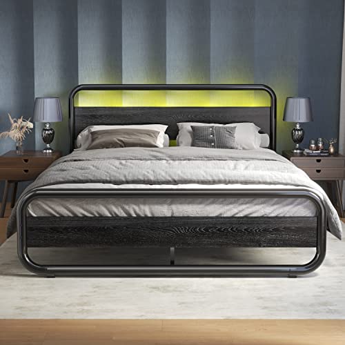 Catrimown Queen Bed Frame with Headboard LED Bed Frame Queen Metal Platform Bed Frame Queen Size Heavy Duty Queen Wood Platform Bed Frame Under Bed Storage Noise Free (Black, Queen)