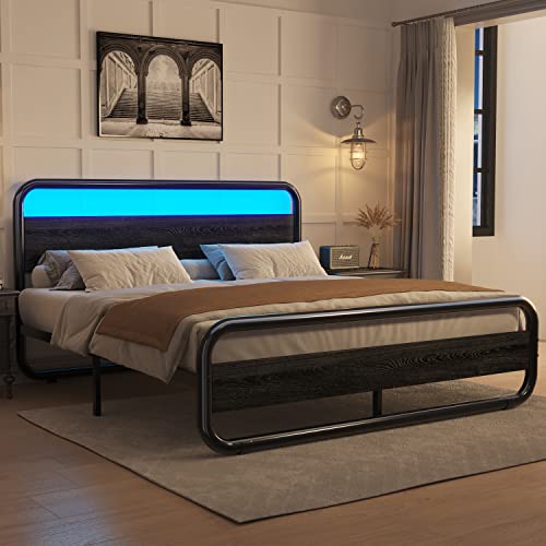 Catrimown Queen Bed Frame with Headboard LED Bed Frame Queen Metal Platform Bed Frame Queen Size Heavy Duty Queen Wood Platform Bed Frame Under Bed Storage Noise Free (Black, Queen)