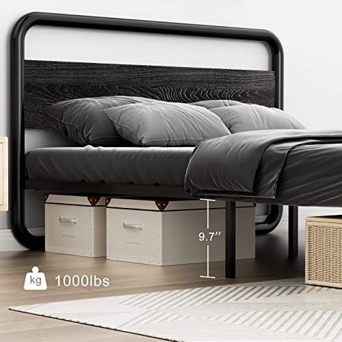 Catrimown Queen Bed Frame with Headboard LED Bed Frame Queen Metal Platform Bed Frame Queen Size Heavy Duty Queen Wood Platform Bed Frame Under Bed Storage Noise Free (Black, Queen)