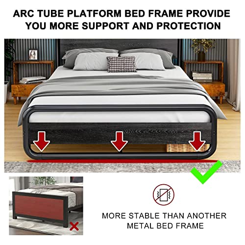 Catrimown Queen Bed Frame with Headboard LED Bed Frame Queen Metal Platform Bed Frame Queen Size Heavy Duty Queen Wood Platform Bed Frame Under Bed Storage Noise Free (Black, Queen)