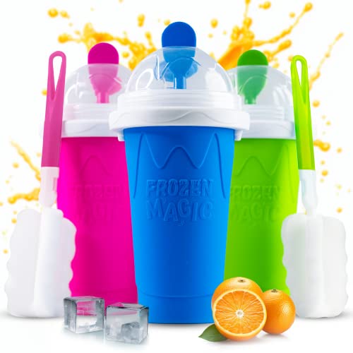 SLUSH MASTERS Slushie Maker Cup - Pack of 3, Quick Frozen, Cooling Magic, Ice Cup, Ice Cream, Smoothie Maker for Family and Friends – FREE Lid, Straw and Cleaning Brush Included