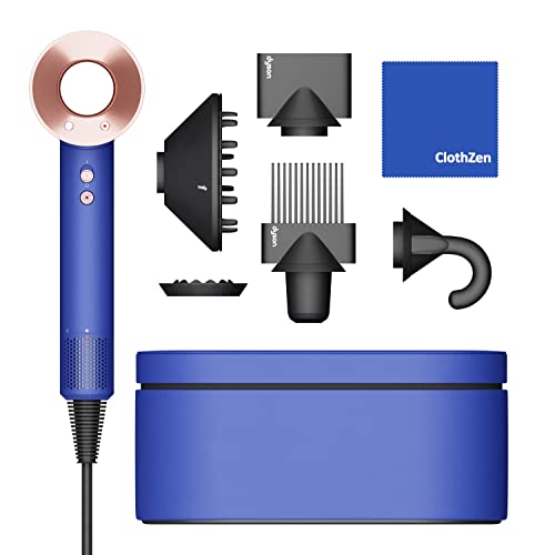 Limited Edition Dyson Supersonic Hair Dryer with ClothZen Cleaning Cloth – Includes Flyaway Attachment, Styling Concentrator, Diffuser, Gentle Air Attachment & Wide-Tooth Comb – Vinca Blue/Rose