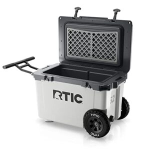 rtic 52 quart ultra-light wheeled hard cooler insulated portable ice chest box for beach, drink, beverage, camping, picnic, fishing, boat, barbecue, 30% lighter than rotomolded coolers, white & grey