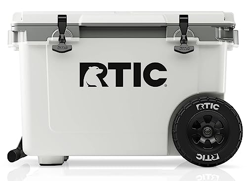 RTIC 52 Quart Ultra-Light Wheeled Hard Cooler Insulated Portable Ice Chest Box for Beach, Drink, Beverage, Camping, Picnic, Fishing, Boat, Barbecue, 30% Lighter Than Rotomolded Coolers, White & Grey