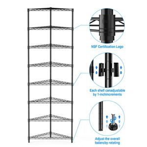 pouseayar 8-Tier NSF Metal Corner Shelf Wire Shelving Unit - 400lbs Capacity, Adjustable, with Leveling feet - Ideal for Garage, Kitchen, and More - 20" L x 20" D x 82" H - Triangle-Shape - Black