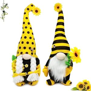 amoh jercy 2 pcs sunflower bee theme gnome set, tall size, spring summer bright color gnome couple, mantel display farmhouse tiered tray decor, rustic scandinavian gnome plush