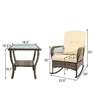 CIRMUBUY 3-Piece Patio Furniture Set,Outdoor Rocking Chairs Set of 2, Patio Conversation Set with 2 Wicker Chairs with Glass Coffee Table and Cushions for Garden,Porch,Backyard, Bistro (Beige)