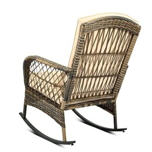 CIRMUBUY 3-Piece Patio Furniture Set,Outdoor Rocking Chairs Set of 2, Patio Conversation Set with 2 Wicker Chairs with Glass Coffee Table and Cushions for Garden,Porch,Backyard, Bistro (Beige)