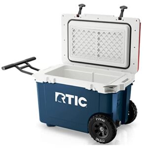 rtic 52 quart ultra-light wheeled hard cooler insulated portable ice chest box for beach, drink, beverage, camping, picnic, fishing, boat, barbecue, 30% lighter than rotomolded coolers, patriot