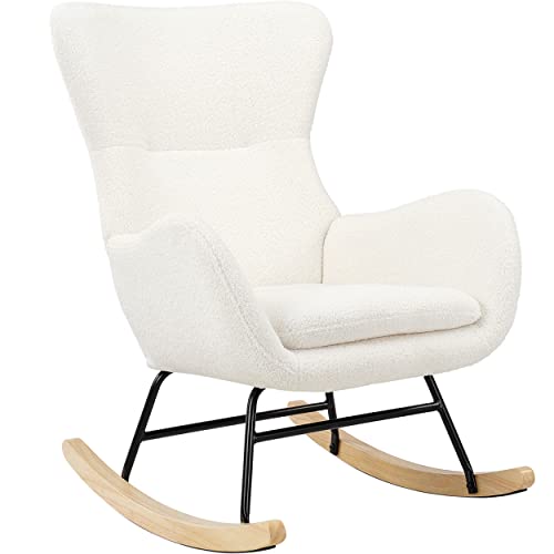 PrimeZone Comfy Rocking Chair for Nursery - Glider Chair with High Backrest, Armrests & Upholstered Pad, Bedroom Nursery Rocker Chair for Baby & Kids, Ivory White