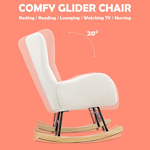 PrimeZone Comfy Rocking Chair for Nursery - Glider Chair with High Backrest, Armrests & Upholstered Pad, Bedroom Nursery Rocker Chair for Baby & Kids, Ivory White