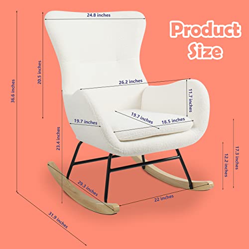 PrimeZone Comfy Rocking Chair for Nursery - Glider Chair with High Backrest, Armrests & Upholstered Pad, Bedroom Nursery Rocker Chair for Baby & Kids, Ivory White