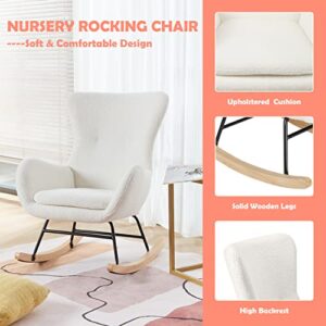 PrimeZone Comfy Rocking Chair for Nursery - Glider Chair with High Backrest, Armrests & Upholstered Pad, Bedroom Nursery Rocker Chair for Baby & Kids, Ivory White