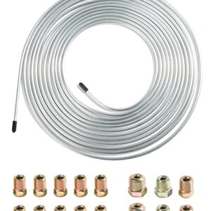 YAKEFLY 25 Ft Flexible Tube Line Roll,1/4" Brake Line Tubing Kit,Copper Coated Alloy Brake Line Tubing Coil with 16 Inverted Flare Fittings,Fuel Line Coil(Silver)