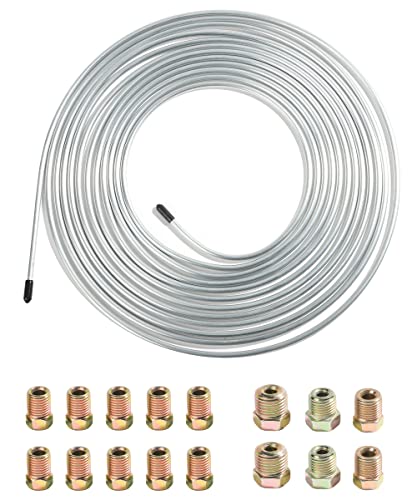 YAKEFLY 25 Ft Flexible Tube Line Roll,1/4" Brake Line Tubing Kit,Copper Coated Alloy Brake Line Tubing Coil with 16 Inverted Flare Fittings,Fuel Line Coil(Silver)