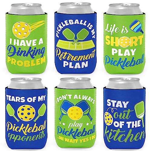 CiyvoLyeen Funny Pickleball Can Coolers Party Favors Novelty Decorations Sports Lovers Players Summer Birthday Christmas Retirement Blue Green Gifts Idea Mom Dad Coach 12oz Beer Soda Bottle 6PCS