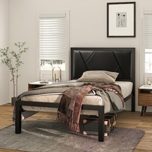 muticor twin size bed frame with geometric leather headboard, heavy duty metal platform bed with strong metal support, ample underbed storage, no box spring needed, easy assembly, noise free