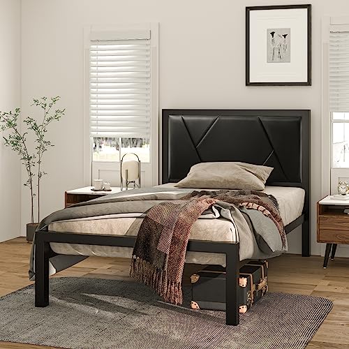 MUTICOR Twin Size Bed Frame with Geometric Leather Headboard, Heavy Duty Metal Platform Bed with Strong Metal Support, Ample Underbed Storage, No Box Spring Needed, Easy Assembly, Noise Free