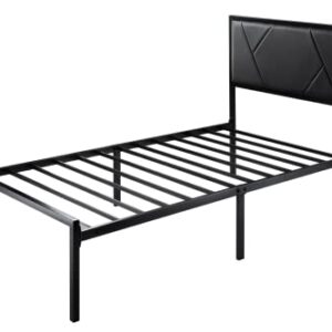 MUTICOR Twin Size Bed Frame with Geometric Leather Headboard, Heavy Duty Metal Platform Bed with Strong Metal Support, Ample Underbed Storage, No Box Spring Needed, Easy Assembly, Noise Free